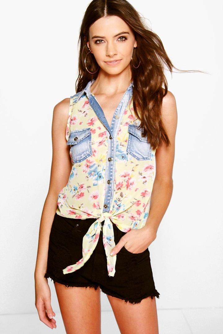 Boohoo Annie Floral Denim Pocket Tie Front Shirt Yellow