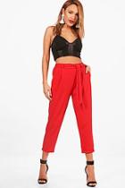 Boohoo Roxie Tie Waist Turn Cuff Crepe Slim Trousers