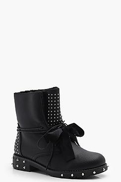 Boohoo Lauren Stud & Ribbon Lace Up Worker Boot