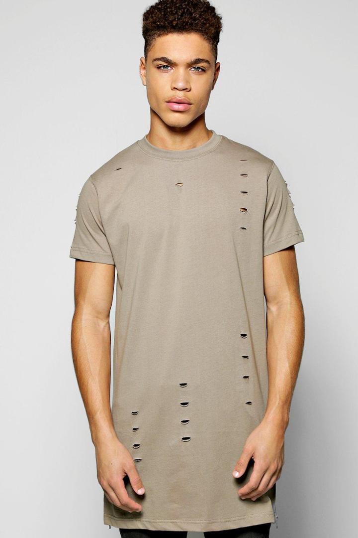 Boohoo Longline Destroyed T Shirt With Zips Olive