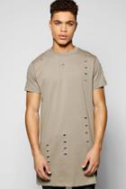 Boohoo Longline Destroyed T Shirt With Zips Olive