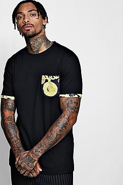 Boohoo Longline Baroque Pocket & Sleeve Print T-shirt