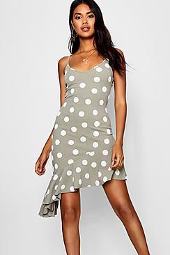 Boohoo Polka Dot Asymmetric Frill Midi Dress