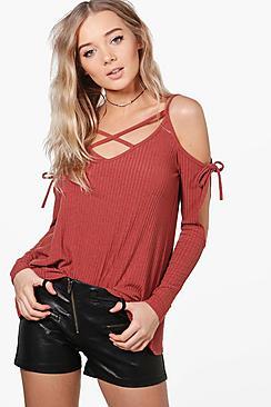 Boohoo Jasmine Strappy Cold Shoulder Rib Knit Jumper
