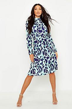 Boohoo High Neck Leopard Midi Dress