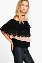 Boohoo Laura Crochet Lace Ruffle Bardot Top Black