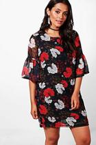 Boohoo Plus Tina Frill Sleeve Printed Shift Dress