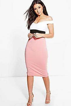 Boohoo Arisa Colour Block Off Shoulder Midi Bodycon Dress