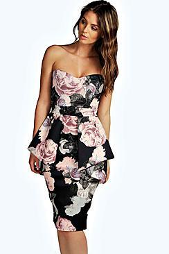 Boohoo Penny Floral Bandeau Peplum Midi Dress