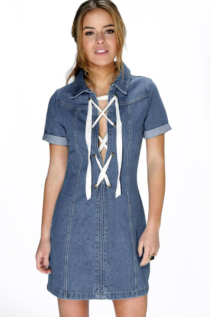Boohoo Petite Alice Lace Up Detail Denim Shift Dress Blue