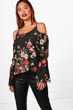 Boohoo Melody Dark Floral Cold Shoulder Woven Top