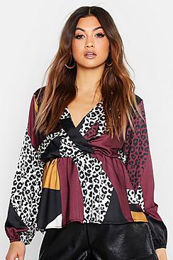 Boohoo Woven Mixed Leopard Wrap Blouse