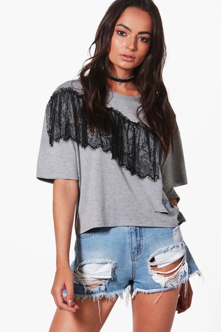 Boohoo Ella Distressed Lace Panel T-shirt Grey
