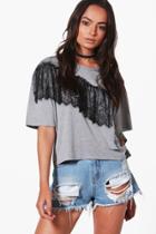 Boohoo Ella Distressed Lace Panel T-shirt Grey