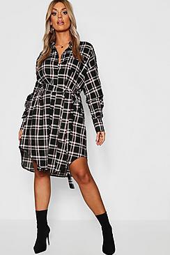 Boohoo Plus Belted Check Shirt Midi Dress