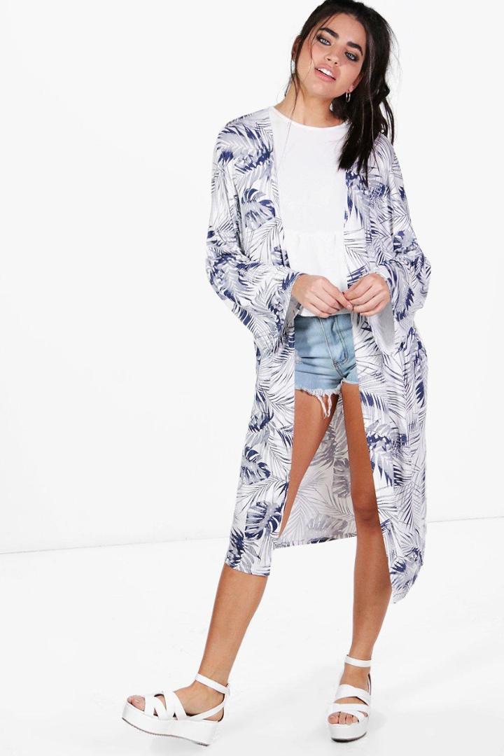 Boohoo Eva Palm Print Kimono Blue
