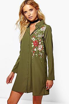 Boohoo Embroidered Boxy Shirt Dress