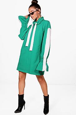 Boohoo Sports Stripe Flared Sleeve Hooded Sweat Dress