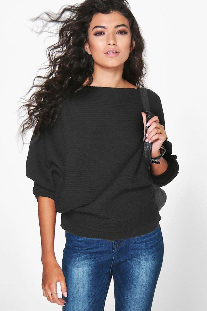 Boohoo Amelia Oversized Rib Knit Batwing Jumper Black