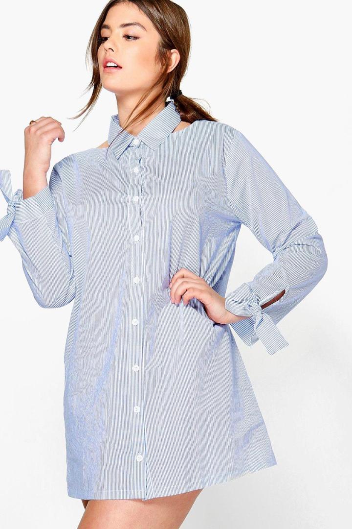 Boohoo Plus Sarah Cut Out Detail Stripe Shirt Dress Blue