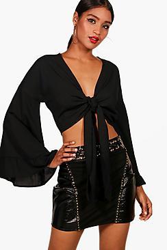 Boohoo Isobel Tie Front Flare Sleeve Crop