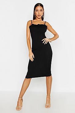 Boohoo Plaited Rib Frill Detail Midi Dress