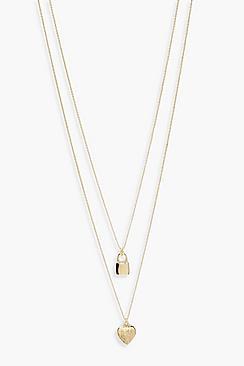 Boohoo Padlock And Heart Layered Necklace