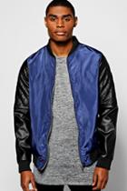 Boohoo Bomber Jacket W/ Pu Sleeves & Biker Details Navy