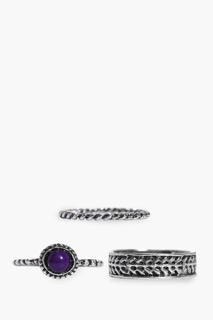 Boohoo Lucy Mixed Skinny Gem Stacker 3 Ring Pack Silver