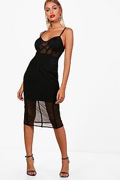 Boohoo Lana Mesh Panel Detail Midi Dress