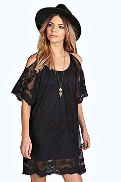 Boohoo Fiona Open Shoulder Lace Woven Shift Dress