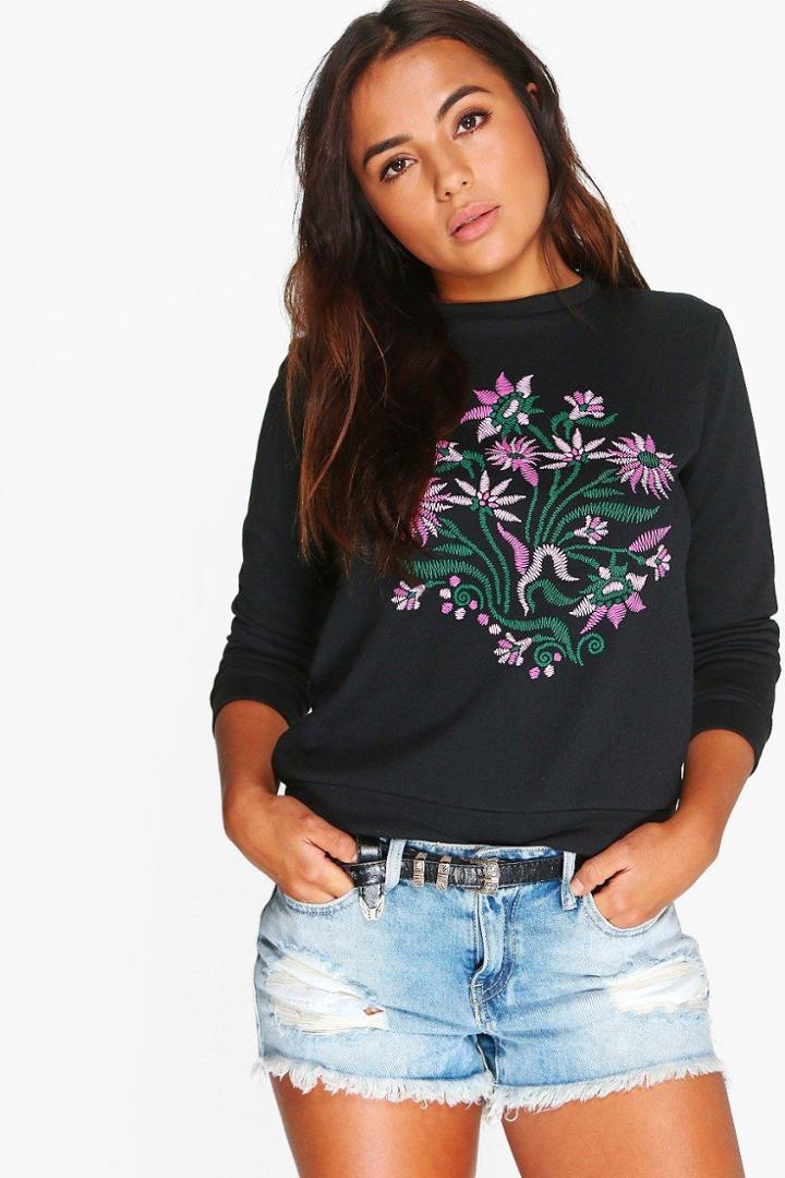Boohoo Petite Emily Embroidered Sweat Black