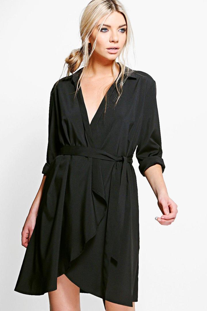 Boohoo Lauren Wrap Over Woven Belted Shirt Dress Black