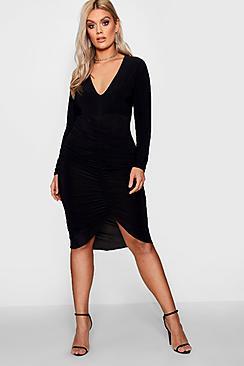 Boohoo Plus Lisa Slinky Plunge Ruched Midi Dress