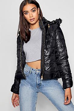 Boohoo Synth Back Faux Fur Hooded Puffer Jacket