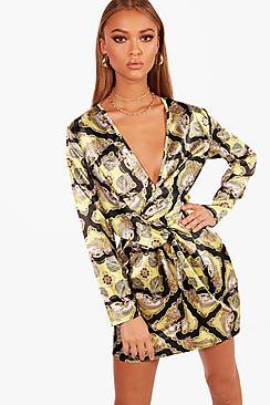 Boohoo Jo Scarf Print Woven Twist Detail Shift Dress