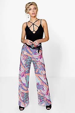 Boohoo Tanzi Bright Multi Print Wide Leg Trousers