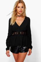 Boohoo Maria Crochet + Ladder Trim Button Through Blouse Black