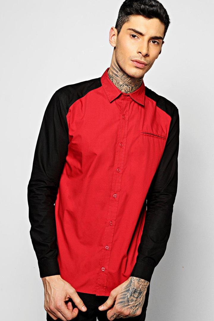 Boohoo Cut & Sew Spliced Shirt Wine