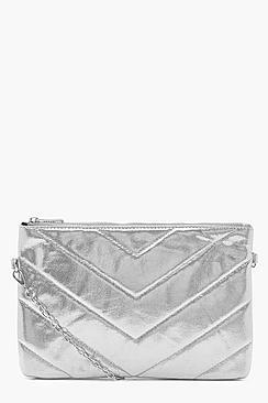 Boohoo Mia Metallic Chevron Clutch With Chain