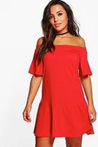 Boohoo Petite Georgette Drop Hem Off The Shoulder Dress