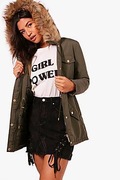 Boohoo Emma Parka With Faux Fur Hood
