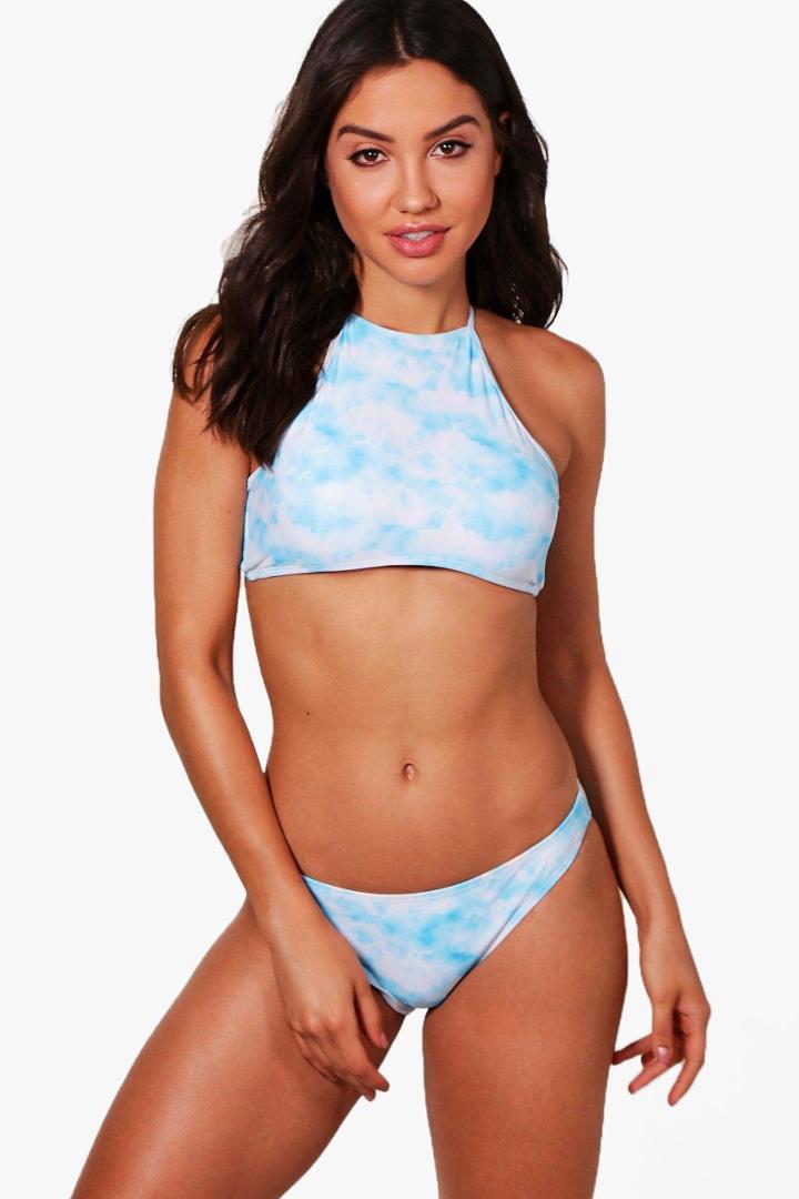 Boohoo Cloud Print Cropped Bikini Blue