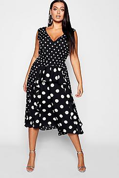 Boohoo Plus Mixed Polka Dot Ruffle Dress