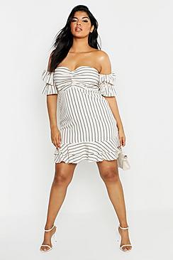 Boohoo Plus Stripe Gathered Detail Bardot Midi Dress