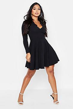 Boohoo Long Sleeve Scalloped Plunge Skater Dress