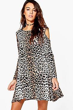 Boohoo Ri Cold Shoulder Leopard Print Swing Dress