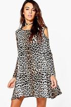 Boohoo Ri Cold Shoulder Leopard Print Swing Dress