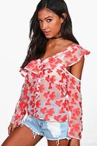 Boohoo Holly Organza Print Ruffle Shirt