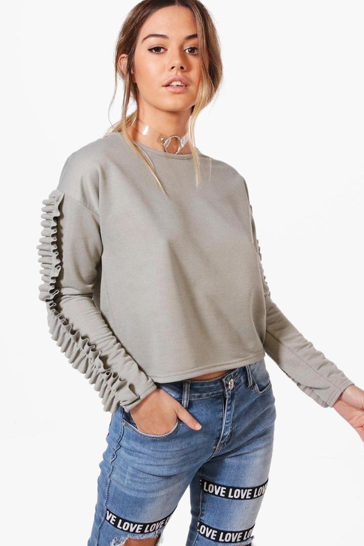 Boohoo Petite Tasha Ruffle Sleeve Loop Back Sweat Grey